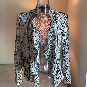 INC Lace Bomber Style Open Front Jacket. Long sleeves, front ruffle with…